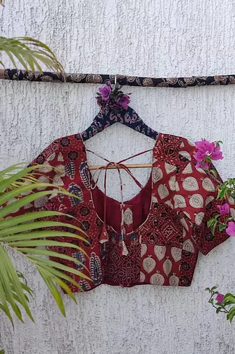 Brown authentic ajrakh patchwork cotton blouse