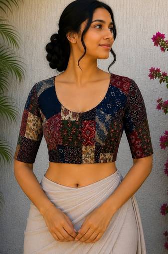 Multicolor authentic ajrakh patchwork cotton blouse