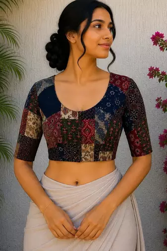 Multicolor authentic ajrakh patchwork cotton blouse