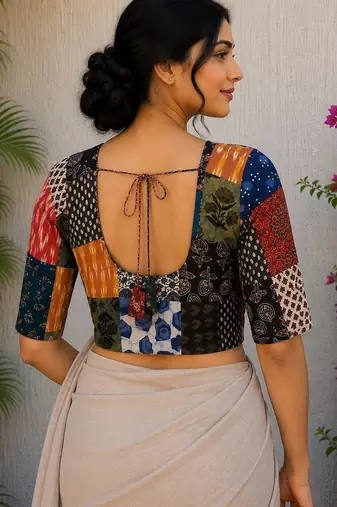 Multicolor authentic ajrakh patchwork cotton blouse