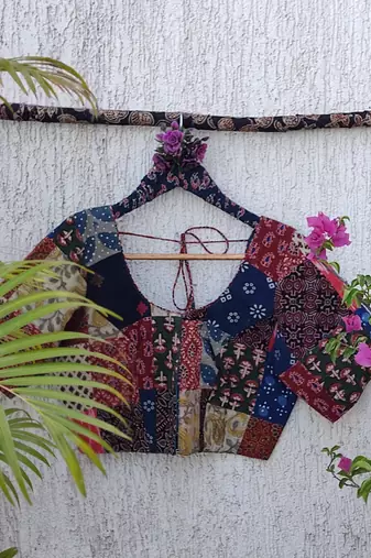 Multicolor authentic ajrakh patchwork cotton blouse