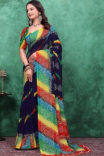 Striped poly georgette bandhani saree