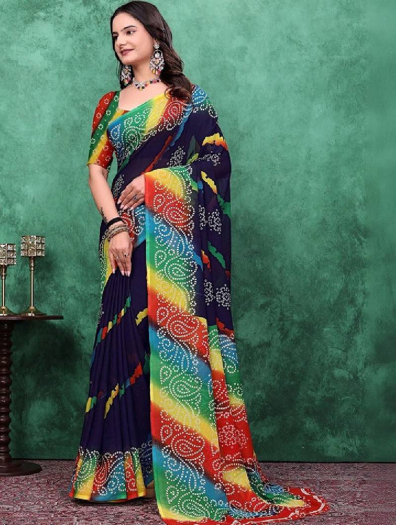 Striped poly georgette bandhani saree