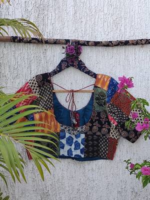 Multicolor authentic ajrakh patchwork cotton blouse 4