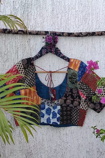 Multicolor authentic ajrakh patchwork cotton blouse