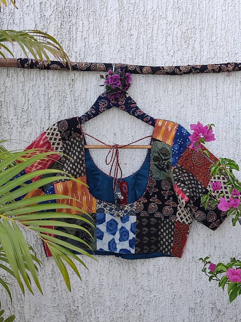 Multicolor authentic ajrakh patchwork cotton blouse