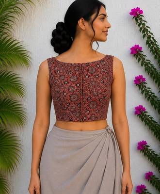 Brown authentic ajrakh handblock printed sleeveless silk blend blouse 1