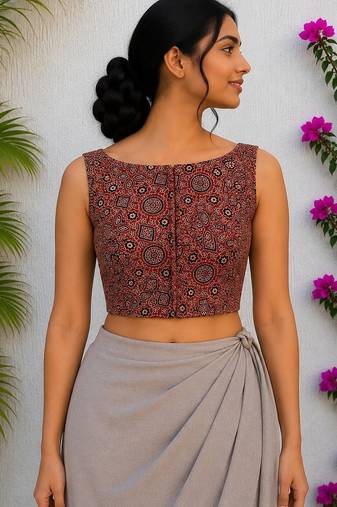 Brown authentic ajrakh handblock printed sleeveless silk blend blouse