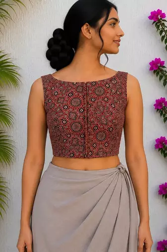 Brown authentic ajrakh handblock printed sleeveless silk blend blouse