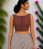 Brown authentic ajrakh handblock printed sleeveless silk blend blouse
