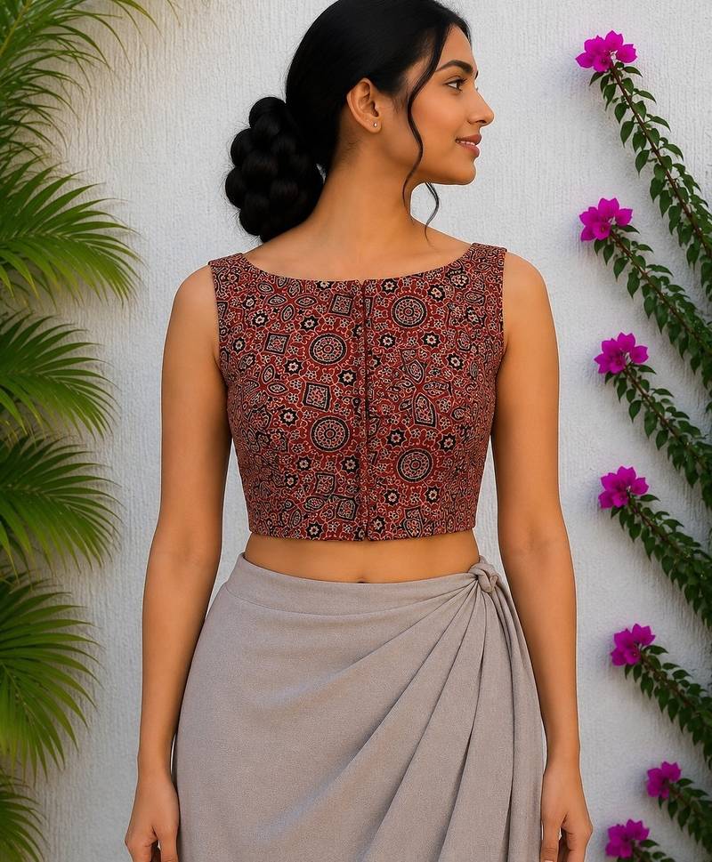 Brown authentic ajrakh handblock printed sleeveless silk blend blouse
