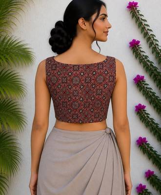 Brown authentic ajrakh handblock printed sleeveless silk blend blouse 2