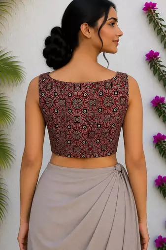 Brown authentic ajrakh handblock printed sleeveless silk blend blouse