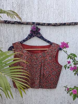 Brown authentic ajrakh handblock printed sleeveless silk blend blouse 3