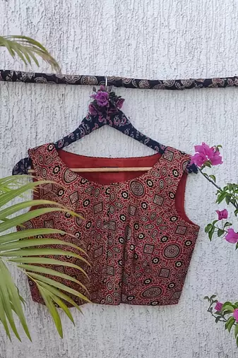 Brown authentic ajrakh handblock printed sleeveless silk blend blouse
