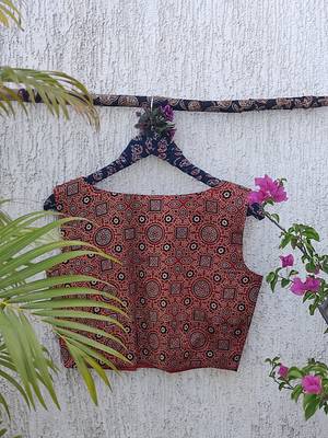 Brown authentic ajrakh handblock printed sleeveless silk blend blouse 4