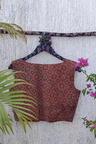 Brown authentic ajrakh handblock printed sleeveless silk blend blouse