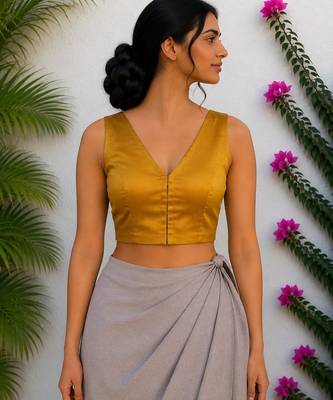 Mustard authentic ajrakh handblock printed sleeveless silk blend blouse 1