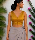 Mustard authentic ajrakh handblock printed sleeveless silk blend blouse