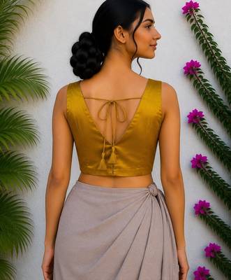 Mustard authentic ajrakh handblock printed sleeveless silk blend blouse 2
