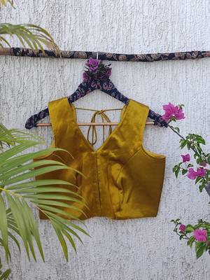Mustard authentic ajrakh handblock printed sleeveless silk blend blouse 3