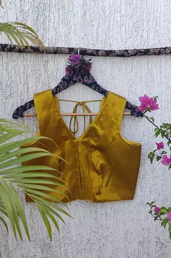 Mustard authentic ajrakh handblock printed sleeveless silk blend blouse