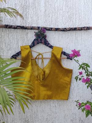 Mustard authentic ajrakh handblock printed sleeveless silk blend blouse 4