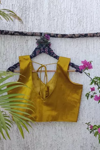 Mustard authentic ajrakh handblock printed sleeveless silk blend blouse