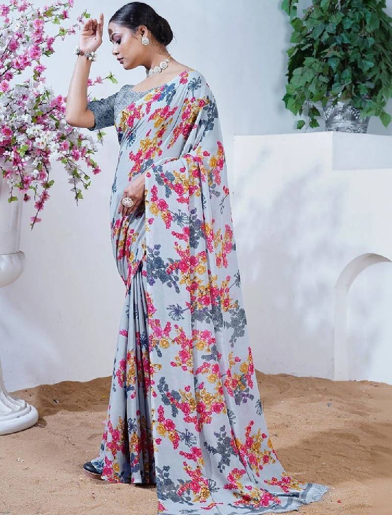 Floral poly georgette leheriya saree