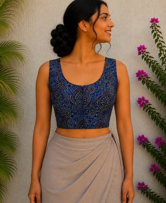 Navy blue authentic ajrakh handblock printed sleeveless silk blend blouse 1