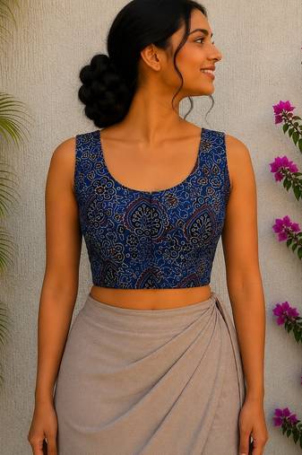 Navy blue authentic ajrakh handblock printed sleeveless silk blend blouse