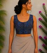 Navy blue authentic ajrakh handblock printed sleeveless silk blend blouse