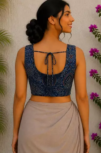 Navy blue authentic ajrakh handblock printed sleeveless silk blend blouse