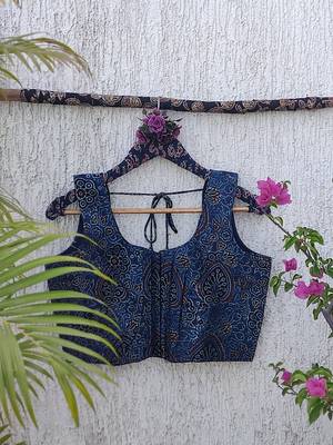 Navy blue authentic ajrakh handblock printed sleeveless silk blend blouse 3