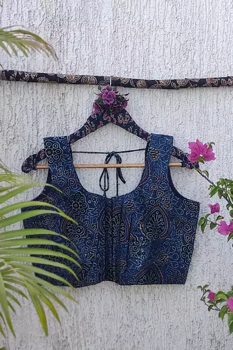 Navy blue authentic ajrakh handblock printed sleeveless silk blend blouse