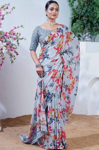 Floral poly georgette fusion leheriya saree