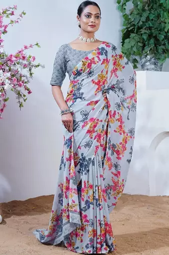Floral poly georgette fusion leheriya saree