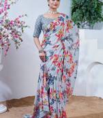 Floral poly georgette fusion leheriya saree