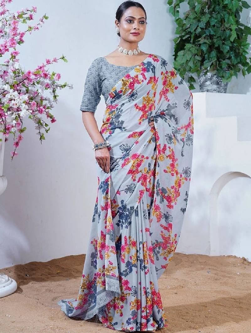 Floral poly georgette fusion leheriya saree