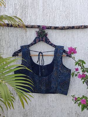 Navy blue authentic ajrakh handblock printed sleeveless silk blend blouse 4