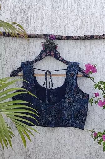 Navy blue authentic ajrakh handblock printed sleeveless silk blend blouse