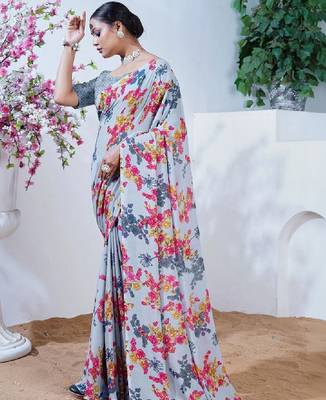 Floral poly georgette fusion leheriya saree 4