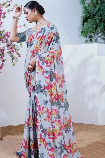 Floral poly georgette fusion leheriya saree