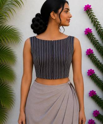 Navy blue authentic ajrakh handblock printed sleeveless silk blend blouse 1