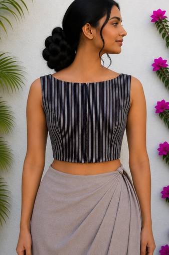 Navy blue authentic ajrakh handblock printed sleeveless silk blend blouse