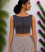 Navy blue authentic ajrakh handblock printed sleeveless silk blend blouse