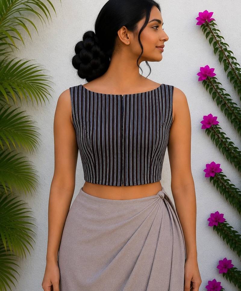 Navy blue authentic ajrakh handblock printed sleeveless silk blend blouse