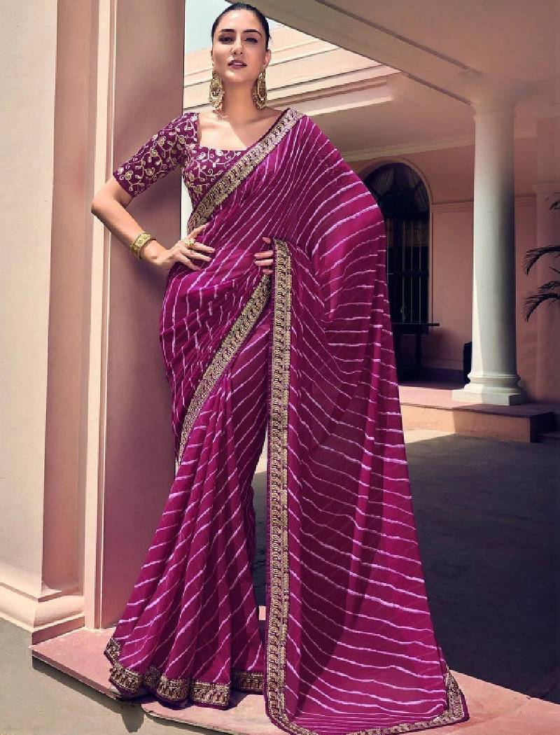 Leheriya embroidered pure georgette fusion leheriya saree