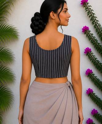 Navy blue authentic ajrakh handblock printed sleeveless silk blend blouse 2
