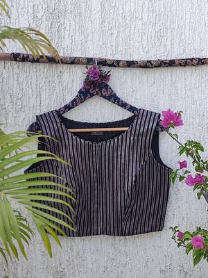Navy blue authentic ajrakh handblock printed sleeveless silk blend blouse 3